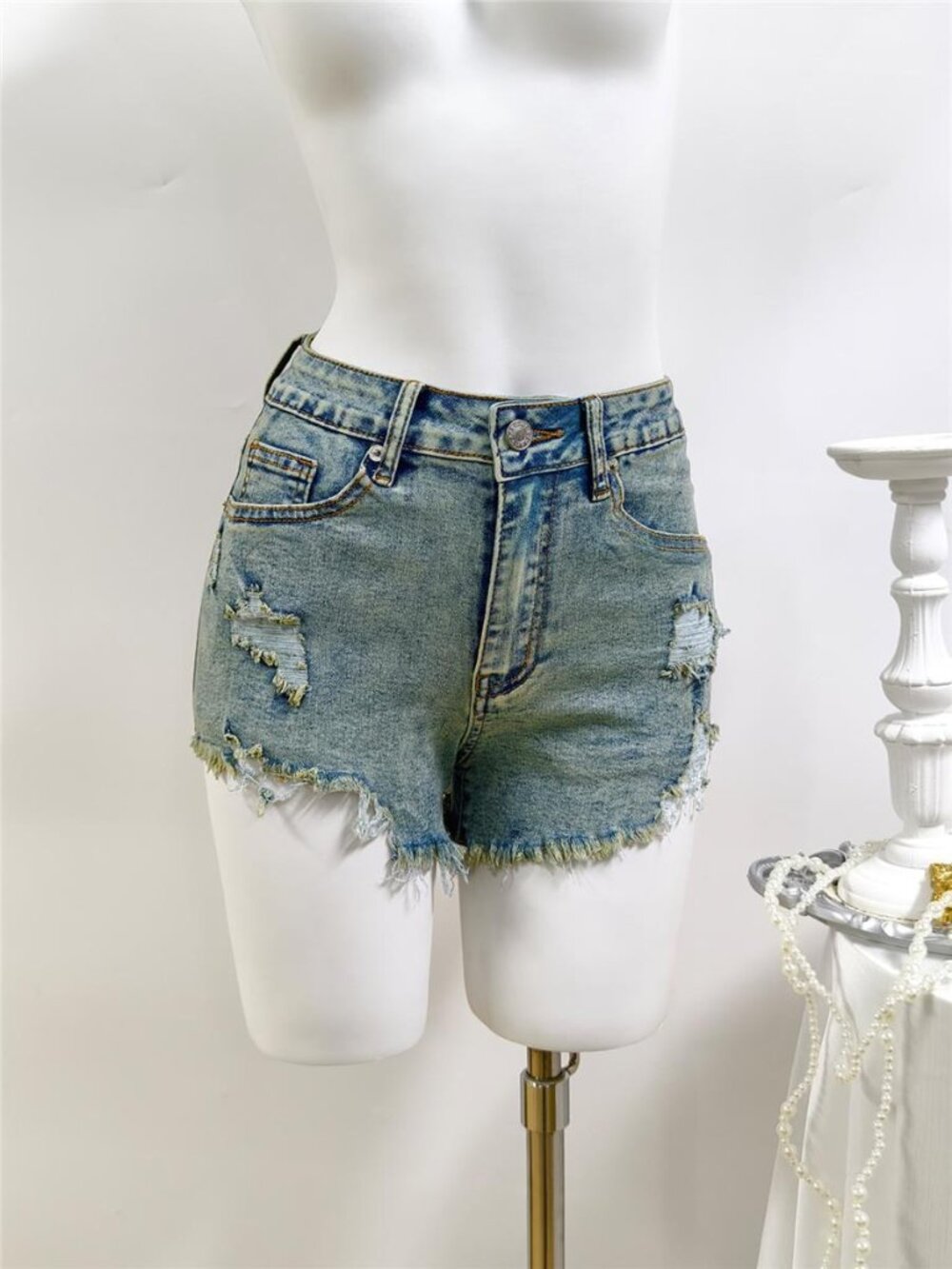High-Waisted Distressed Raw Hem Denim Shorts